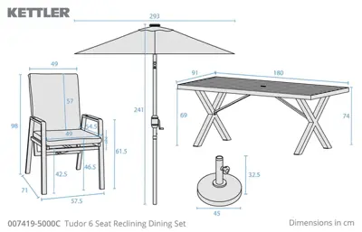 Tudor 6 Seat Reclining Dining Set with Parasol & Base - image 2